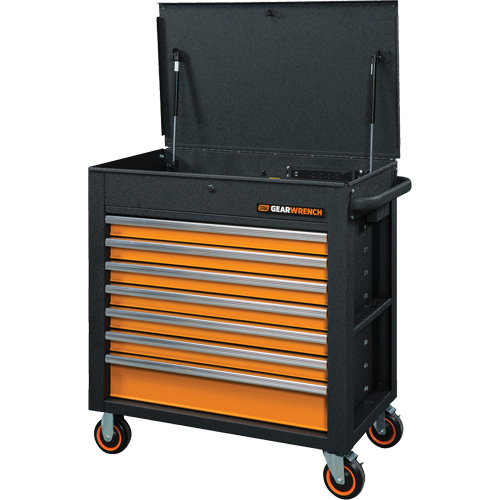 GSX Series Rolling Tool Cart with Tilt Top, 7 Drawers, 35" L x 20" W x 39" H, Black/Orange Northern Industrial Supply Inc.