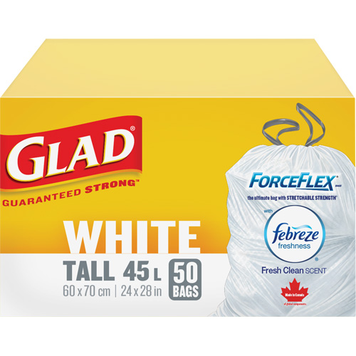 Tall 45L Febreze Garbage Bags, Regular, 24" W x 28" L, White Northern Industrial Supply Inc.