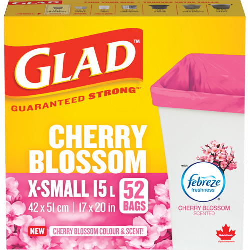 Sacs parfum&eacute;s et de couleur fleur de cerisier de Glad, Fort, 17" la x 20" lo, Rose, Capacit&eacute; 15 L (3,96 gal) Northern Industrial Supply Inc.