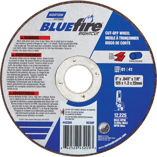 BlueFire&reg; Cut-off Wheel, 4-1/2" x 0.045"/1/16", 7/8" Arbor, Type 01/41, Aluminum Oxide/Zirconium, 13580 RPM Northern Industrial Supply Inc.