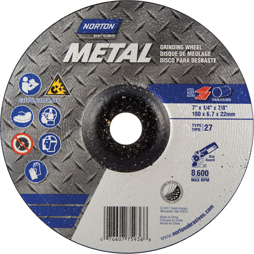 Depressed Centre Metal Grinding Wheels, 7" x 1/4", 7/8" Arbor, Aluminum Oxide, Type 27 Northern Industrial Supply Inc.