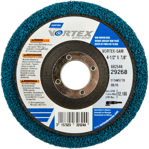 Vortex Non-Woven Disc, 4-1/2" Dia. x 1/2" W, 7/8" Arbor, Aluminum Oxide Northern Industrial Supply Inc.