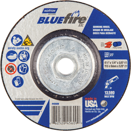 BlueFire&reg; XXL Grinding Wheel, 4-1/2" x 1/4", 5/8" Arbor, Ceramic Alumina, Type 27 Northern Industrial Supply Inc.