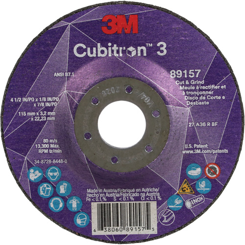 Cubitron 3 Cut and Grind Wheel, 4-1/2" x 1/8", 7/8" Arbor, Type 27, 36 Grit, Ceramic Northern Industrial Supply Inc.