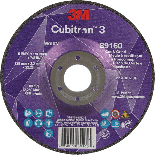 Cubitron 3 Cut and Grind Wheel, 5" x 1/8", 7/8" Arbor, Type 27, 36 Grit, Ceramic Northern Industrial Supply Inc.