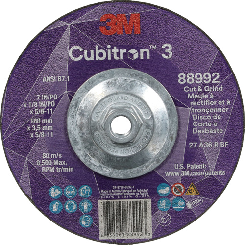 Cubitron 3 Cut and Grind Wheel, 7" x 1/8", 5/8"-11 Arbor, Type 27, 36 Grit, Ceramic Northern Industrial Supply Inc.