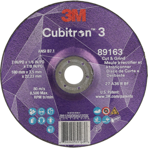 Meule &agrave; rectifier et &agrave; tronçonner Cubitron 3, 7" x 1/8", Arbre de 7/8", Type 27, Grain de 36, C&eacute;ramique Northern Industrial Supply Inc.
