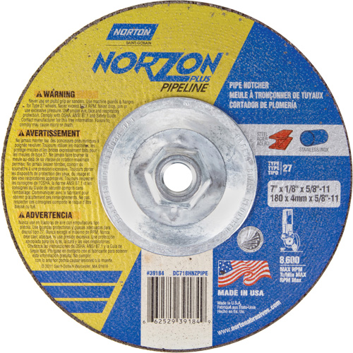 NorZon Plus SGZ Right Angle Cut-Off Wheel, 7" x 1/8", 5/8"-11 Arbor, Type 27/42, Ceramic Alumina, 8600 RPM Northern Industrial Supply Inc.