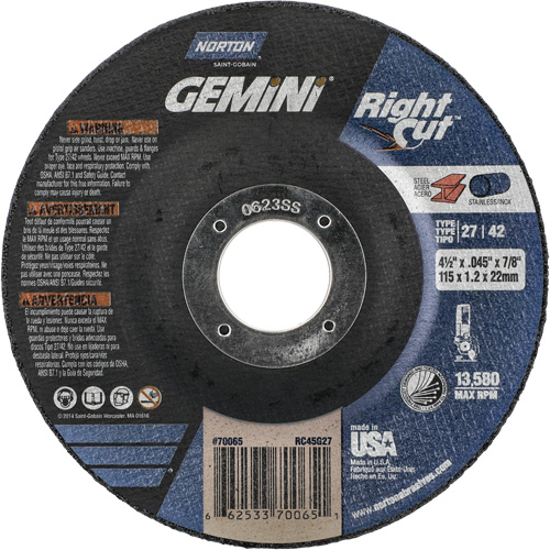 Gemini RightCut Right Angle Cut-Off Wheel, 4-1/2" x 0.045", 7/8" Arbor, Type 27/42, Aluminum Oxide, 13580 RPM Northern Industrial Supply Inc.