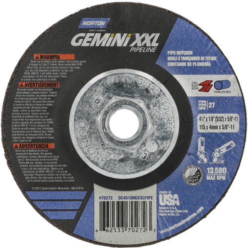 Gemini XXL Grinding & Cutting Wheel, 4-1/2" x 1/8", 5/8"-11 Arbor, Type 27, Aluminum Oxide Northern Industrial Supply Inc.