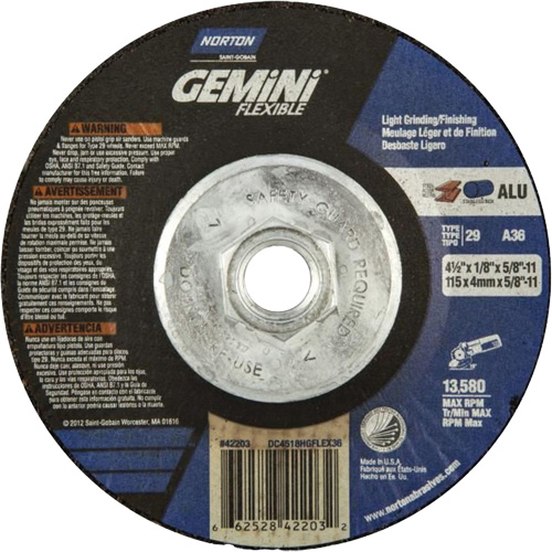 Gemini Flexible A AO Grinding and Cutting Wheel, 4-1/2" x 1/8", 5/8"-11 Arbor, Type 29, Aluminum Oxide, 13580 RPM Northern Industrial Supply Inc.