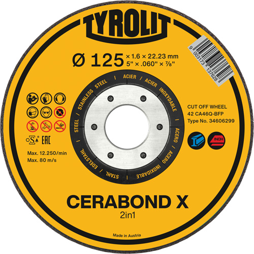 CERABOND X Cut-Off Wheel for Steel & Stainless Steel, 5" x 0.45", 7/8" Arbor, Type 1, Ceramic, 12250 RPM Northern Industrial Supply Inc.