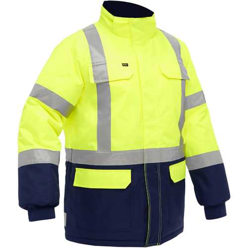Manteau pour le froid extr&ecirc;me avec bas bleu marin et X au dos Bisley, Polyester, Jaune lime haute visibilit&eacute;, Moyen Northern Industrial Supply Inc.