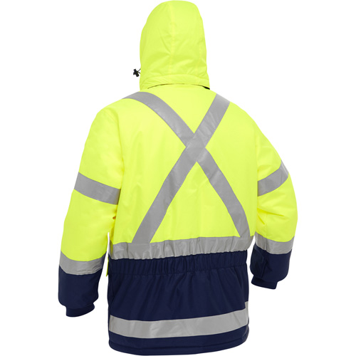 Manteau pour le froid extr&ecirc;me avec bas bleu marin et X au dos Bisley, Polyester, Jaune lime haute visibilit&eacute;, Moyen Northern Industrial Supply Inc.