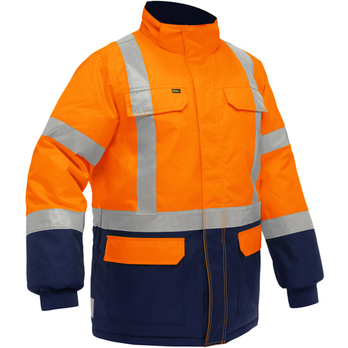 Manteau pour le froid extr&ecirc;me avec bas bleu marin et X au dos Bisley, Polyester, Orange haute visibilit&eacute;, 4T-Grand Northern Industrial Supply Inc.