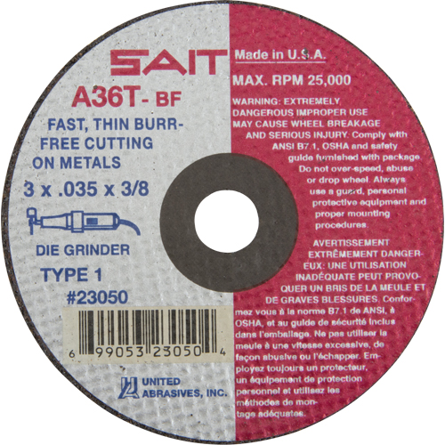 Cut-Off Wheel (A36T), 3" x 0.035", 3/8" Arbor, Type 27, Aluminum Oxide, 25000 RPM Northern Industrial Supply Inc.