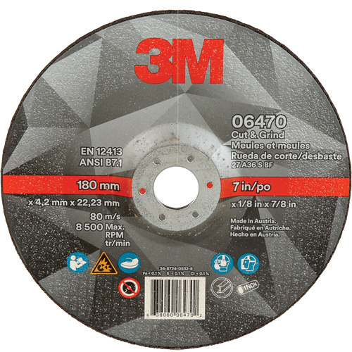 Cut & Grind Wheel, 7" x 1/8", 7/8" Arbor, Type 27, Ceramic Northern Industrial Supply Inc.