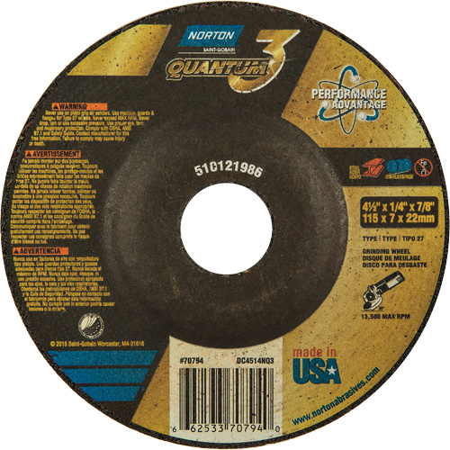 Quantum3 Grinding Wheel, 4-1/2" x 1/4", 7/8" Arbor, Ceramic Alumina, Type 27 Northern Industrial Supply Inc.