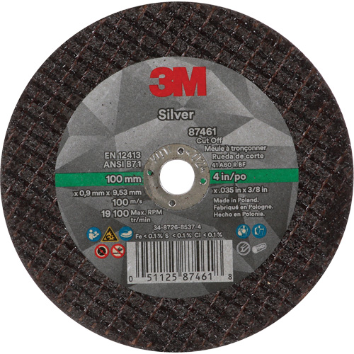 Silver Cut-Off Wheel, 4" x 0.04", 3/8"-24 Arbor, Type 1, Ceramic, 19100 RPM Northern Industrial Supply Inc.