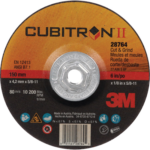 Disque de coupe et de meulage &agrave; changement rapide Cubitron II, 6" x 1/8", Arbre de 5/8"-11, Type 27, C&eacute;ramique Northern Industrial Supply Inc.