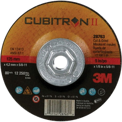 Disque de coupe et de meulage &agrave; changement rapide Cubitron II, 5" x 1/8", Arbre de 5/8"-11, Type 27, C&eacute;ramique Northern Industrial Supply Inc.