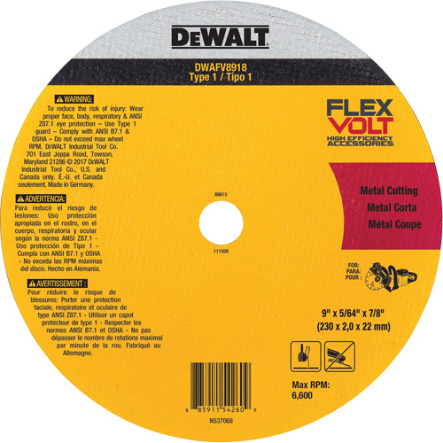 Meule de tronçonnage des m&eacute;taux FlexVolt, 9-1/16" x 0,078", Arbre 22,23 mm, C&eacute;ramique, Type 1 Northern Industrial Supply Inc.