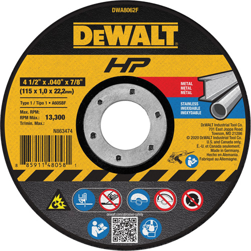 Meule de tronçonnage des m&eacute;taux HP, 4-1/2" x 0,04", Arbre de 7/8", Type 1, Oxyde d'aluminium, 13 300 Tr/min Northern Industrial Supply Inc.