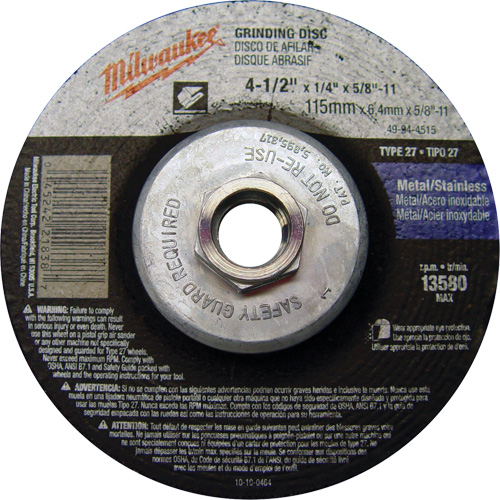 Grinding Wheel, 4-1/2" x 1/4", 5/8"-11 Arbor, Aluminum Oxide, Type 27 Northern Industrial Supply Inc.