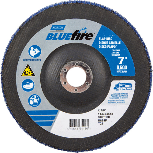 BlueFire R884P Coarse Grit Flap Disc, 7" x 7/8", Type 27, 80 Grit, Zirconia Alumina Northern Industrial Supply Inc.
