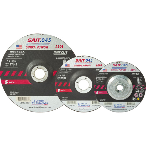 Sait Cutting Wheel, 5" x 0.045", 7/8" Arbor, Type 27, Aluminum Oxide, 12200 RPM Northern Industrial Supply Inc.