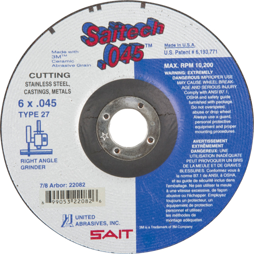 Cut-Off Wheel, 6" x 0.045", 7/8" Arbor, Type 27, Aluminum Oxide/Ceramic, 10200 RPM Northern Industrial Supply Inc.