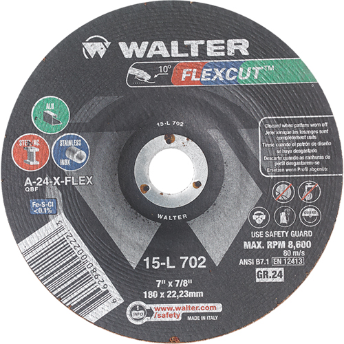 Flexcut Depressed Centre Grinding Wheels, 7", 24 Grit, Aluminum Oxide, 7/8", 8600 RPM, Type 29 Northern Industrial Supply Inc.