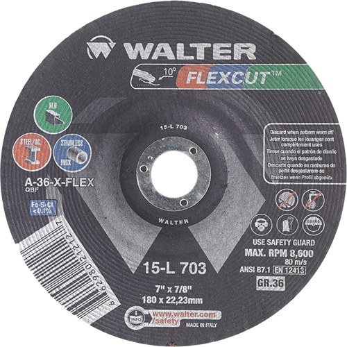 Flexcut Depressed Centre Grinding Wheels, 7", 36 Grit, Aluminum Oxide, 7/8", 8600 RPM, Type 29 Northern Industrial Supply Inc.