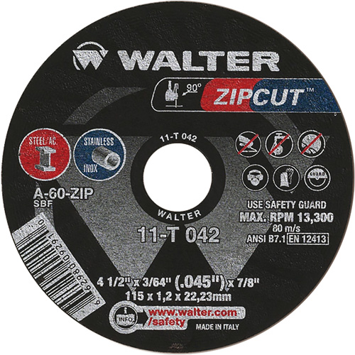 Zipcut Cut-Off Wheel, 4-1/2" x 3/64", 7/8" Arbor, Type 1, Aluminum Oxide, 13300 RPM Northern Industrial Supply Inc.