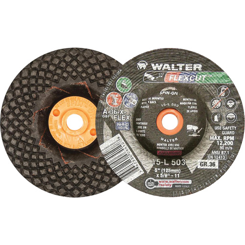 Meules &agrave; moyeu d&eacute;port&eacute; Flexcut, 5", 36 Grain, Oxyde d'aluminium, 5/8"-11, 12 200 Tr/min, Type 29 Northern Industrial Supply Inc.