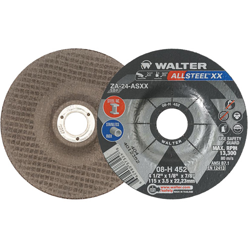 Depressed Centre Grinding Wheels - ALLSTEEL XX, 4-1/2" x 1/8", 7/8" Arbor, Type 27, Zirconia Alumina, 13300 RPM Northern Industrial Supply Inc.
