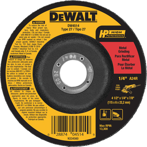 Meule pour m&eacute;taux haut rendement, 4-1/2" x 1/4", Arbre 7/8", Oxyde d'aluminium, Type 27 Northern Industrial Supply Inc.