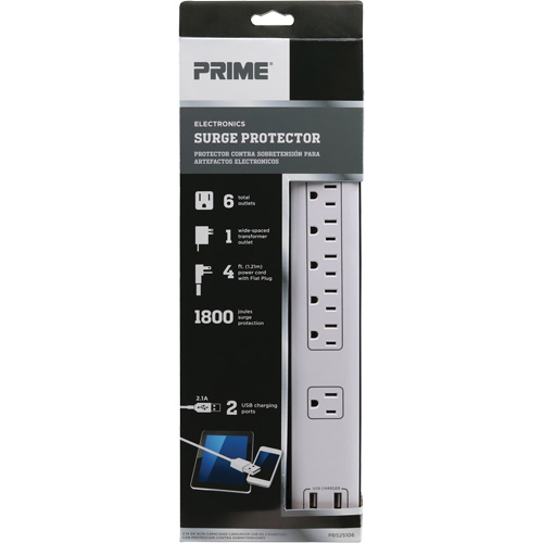Limiteurs de surtension avec chargeur USB, 6 Prises, 1800 J, 1875 W, Cordon 4' Northern Industrial Supply Inc.