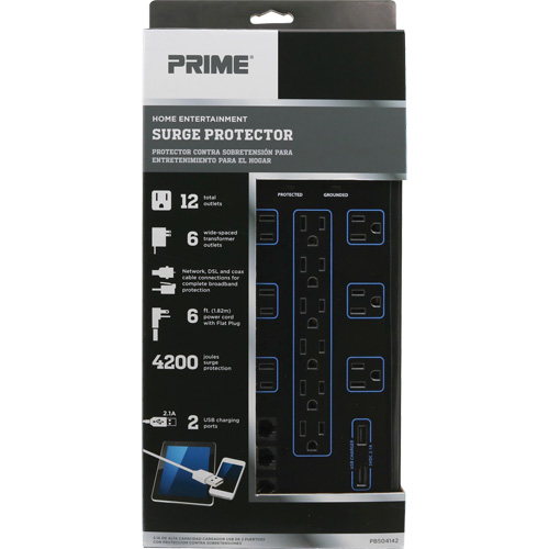 Limiteurs de surtension avec chargeur USB, 12 Prises, 4200 J, 1875 W, Cordon 6' Northern Industrial Supply Inc.
