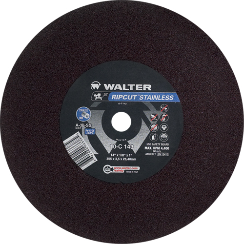 Meule &agrave; tronçonner Ripcut II pour la coupe de l'acier inoxydable sur scies fixes, 14" x 1/8", Arbre de 1", Type 1, Oxyde d'aluminium, 4400 Tr/min Northern Industrial Supply Inc.