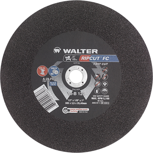 Ripcut Stainless Steel & Steel Cut-Off Wheel for Stationary Saws, 12" x 1/8", 1" Arbor, Type 1, Aluminum Oxide, 5100 RPM Northern Industrial Supply Inc.